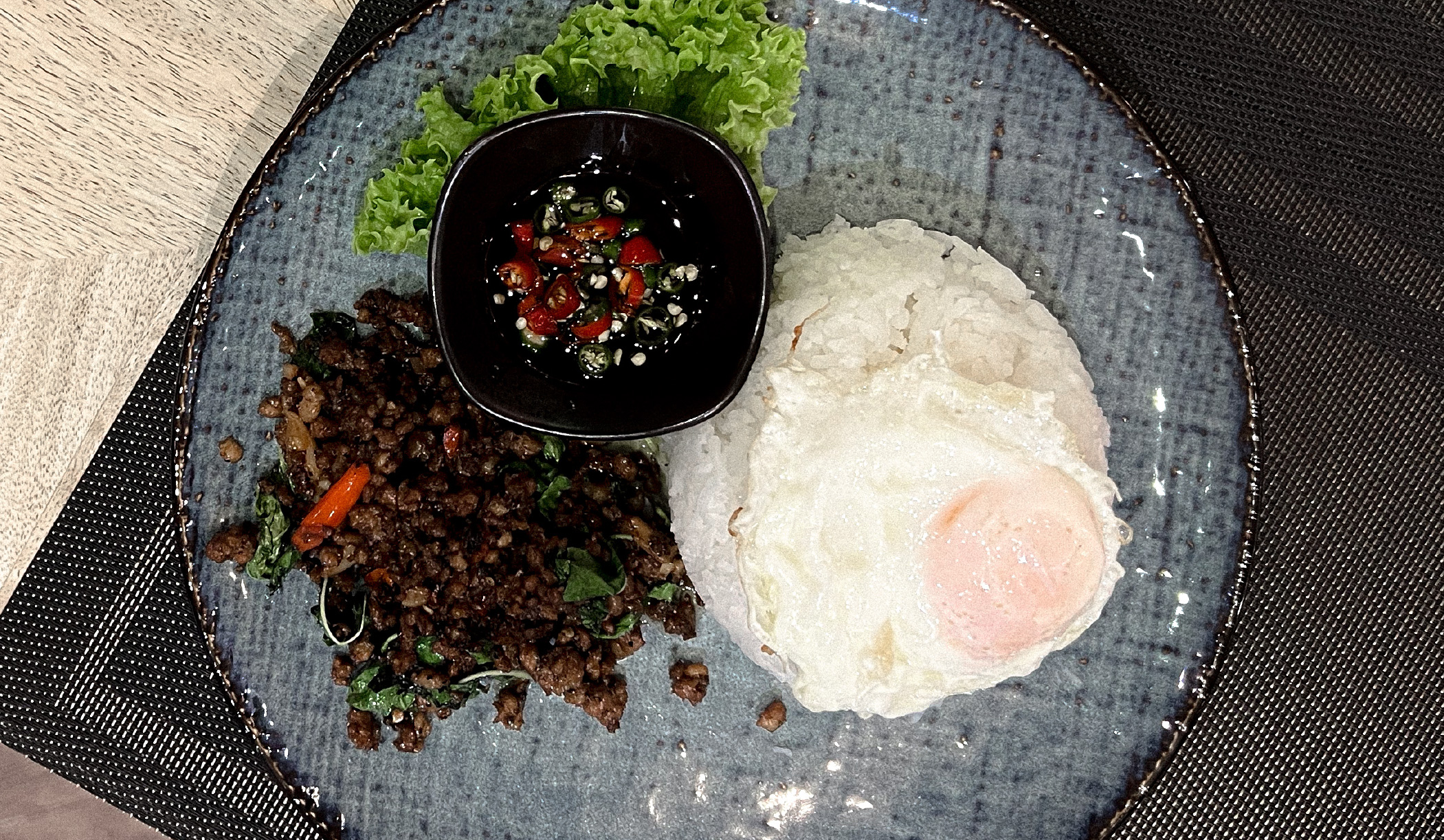 Minced Pork w Basil Rice Egg